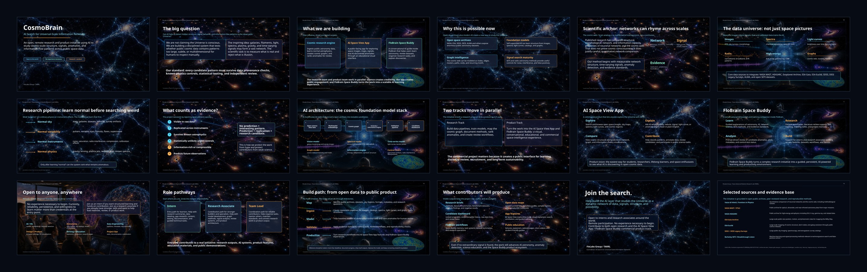 The original 18-slide CosmosBrain presentation, covering the research question, AI architecture, data sources, contributor roles and roadmap.