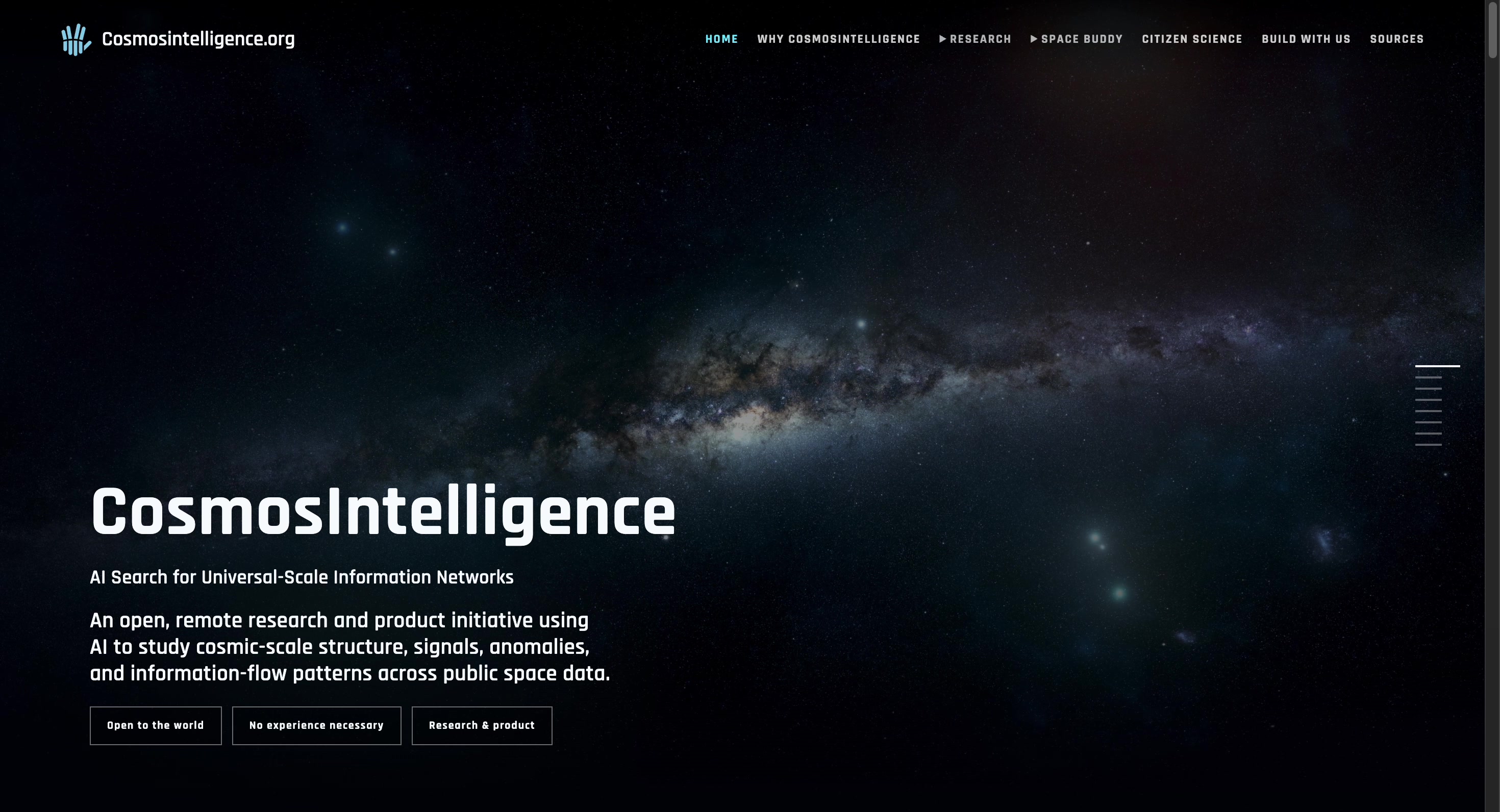 Cosmos Intelligence homepage, with white introductory text over a darkened full-screen galaxy image.