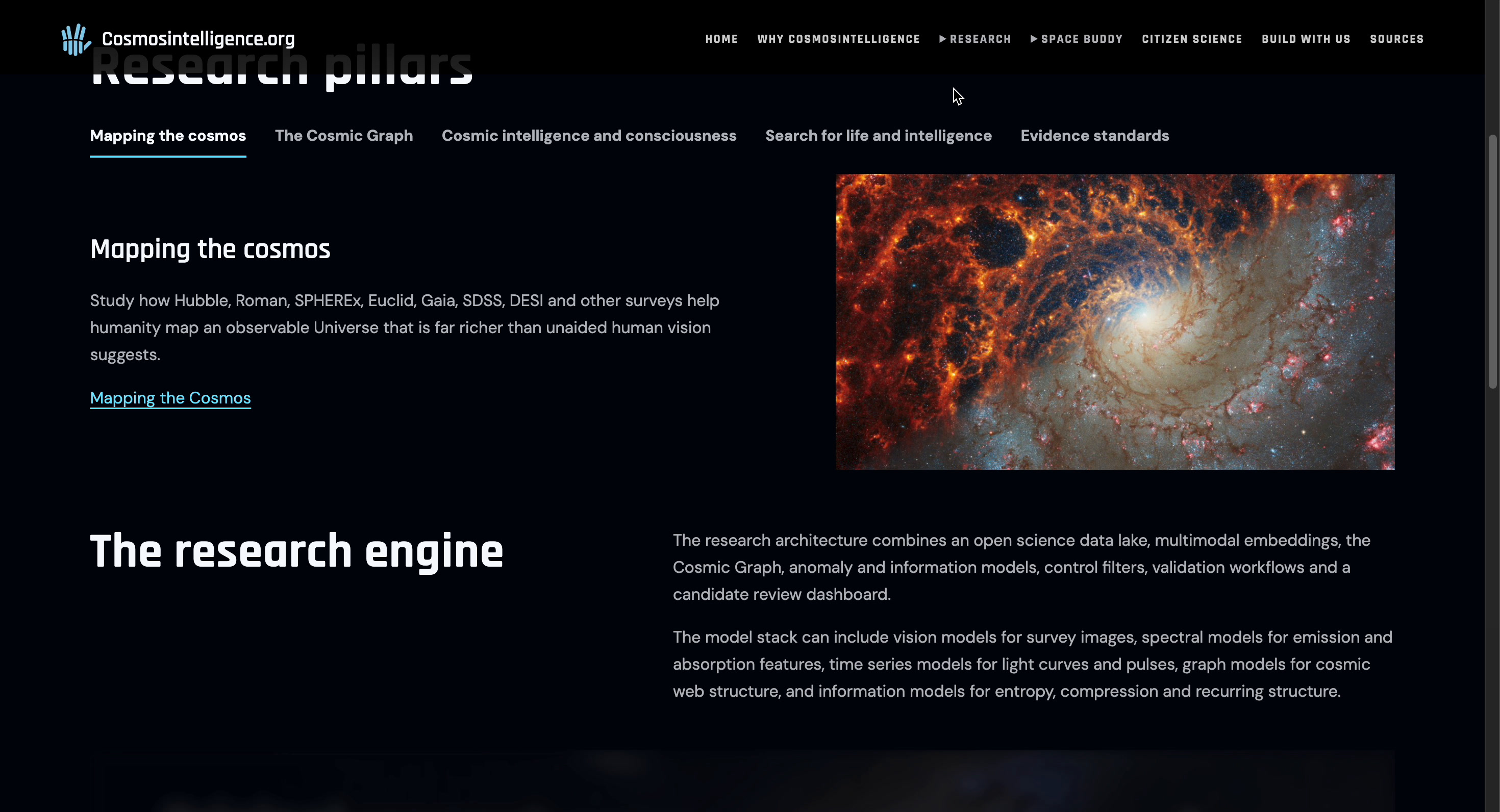 Research pillars on a plain dark inner page, with text beside a galaxy image.
