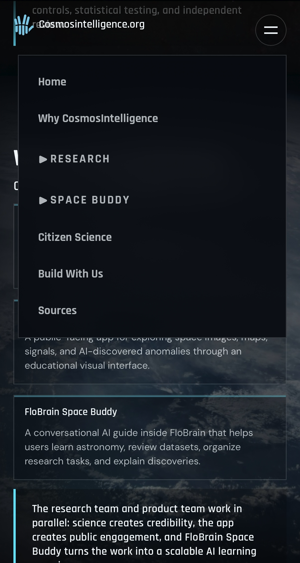 The expanded Cosmos Intelligence navigation on a phone.