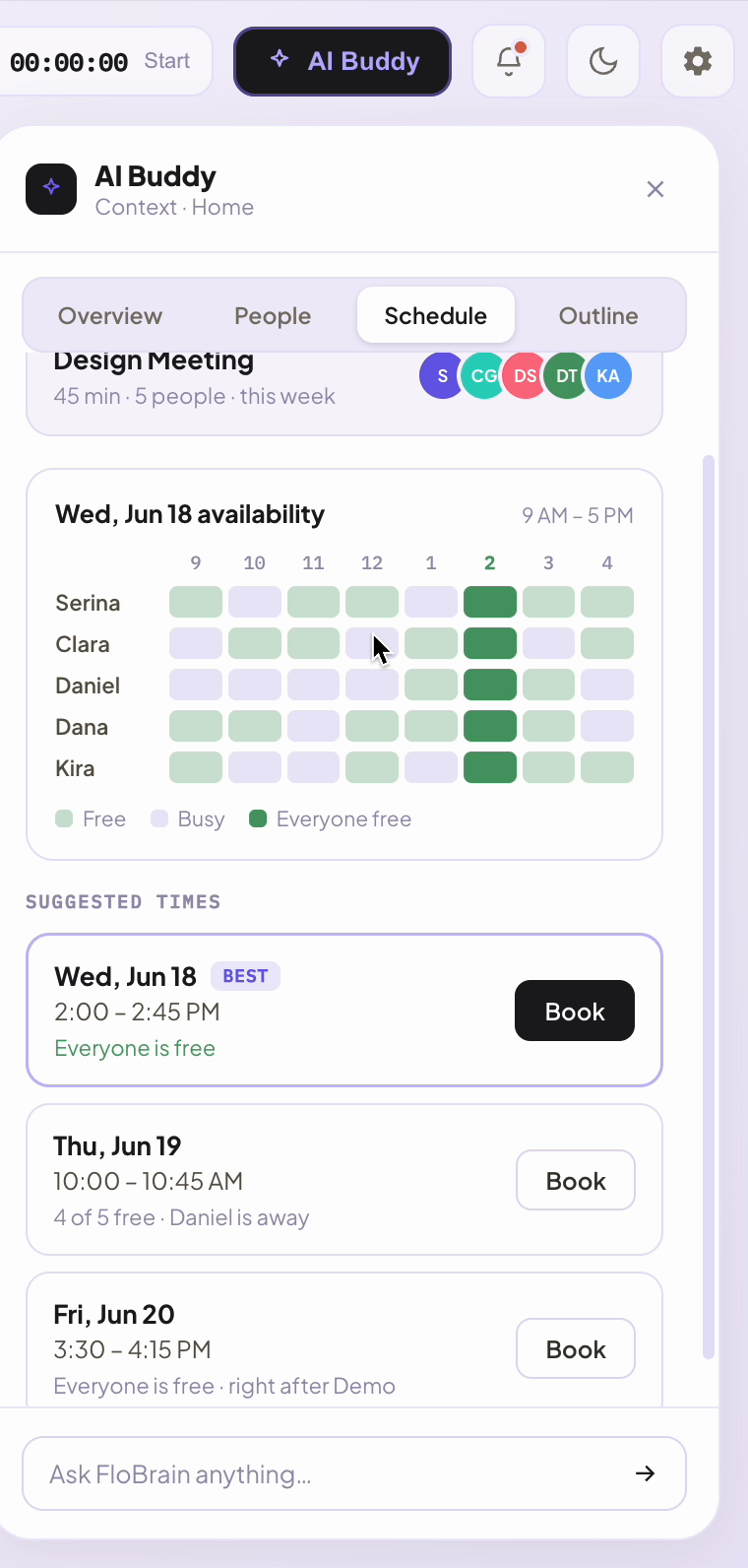 A team availability grid with the earliest all-free slot marked Best and three suggested times, one noting who would be away.