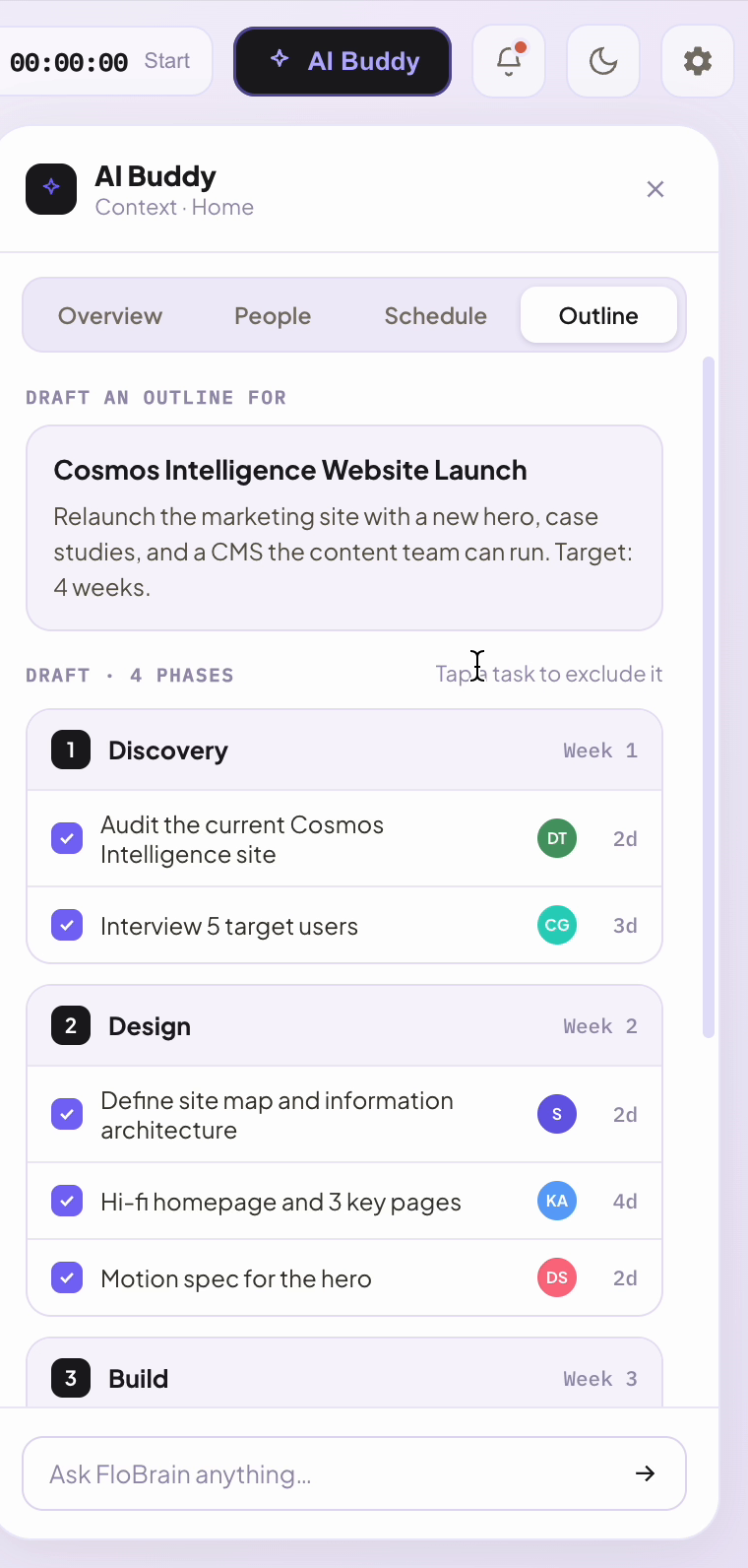 The Outline tab showing a project brief, phases and tasks, with every visible task selected.