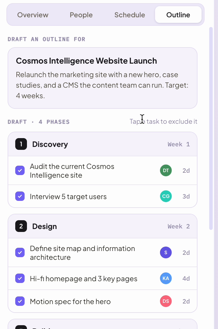 The Outline tab: phases and tasks drafted from a project brief.