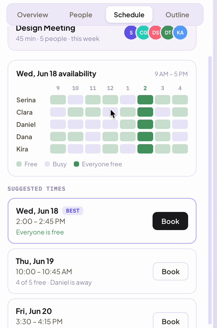 The Schedule tab: a team availability grid and three suggested times, the earliest marked Best.